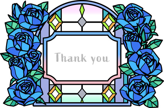 Stained glass style blue rose frame for greeting card and price tag label background