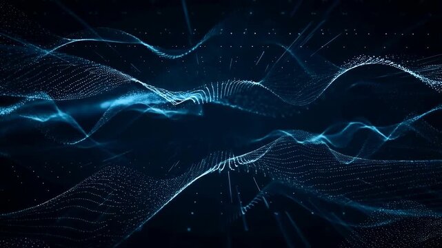 Glowing blue particle waves flow through a dark digital field. Technology presentations, digital product branding, and science media.