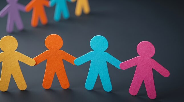 Colorful Diversity Paper People Figures Holding Hands in Unity for Business Teamwork and Inclusion Concept Background Website Banner Header Design
