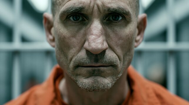 Man in a prison uniform looking at the camera.