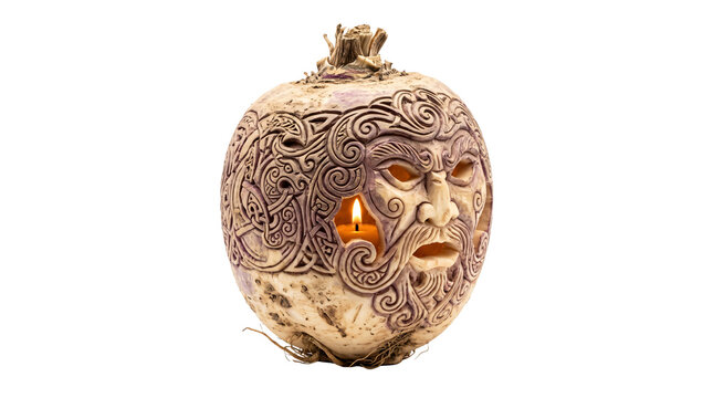 Carved turnip jack-o-lantern with intricate celtic patterns and glowing candle for traditional halloween
