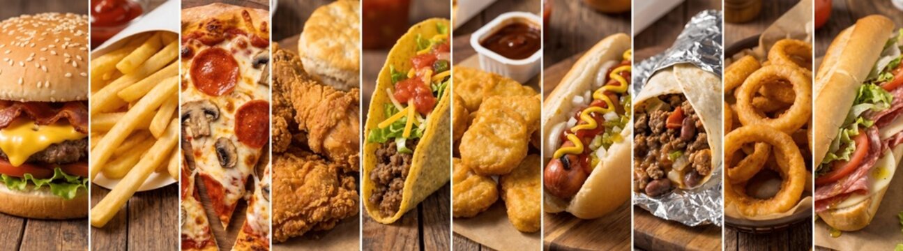 Fast food collage mosaic with cheeseburger, french fries, pepperoni pizza, fried chicken, beef taco, chicken nuggets, hot dog, burrito, onion rings and submarine sandwich on wooden background   