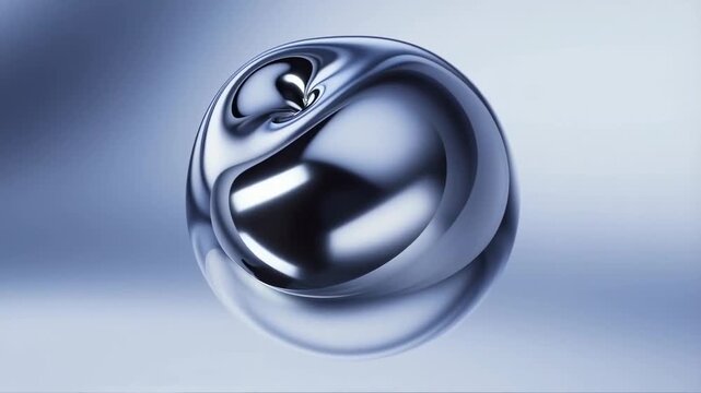 Reflective metallic sphere slowly morphs and rotates above a soft blue gradient surface. Technology branding, luxury advertising, and digital product promotion.