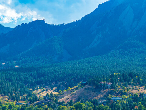 Aerial shot of majestic mountain ranges in Boulder Colorado USA