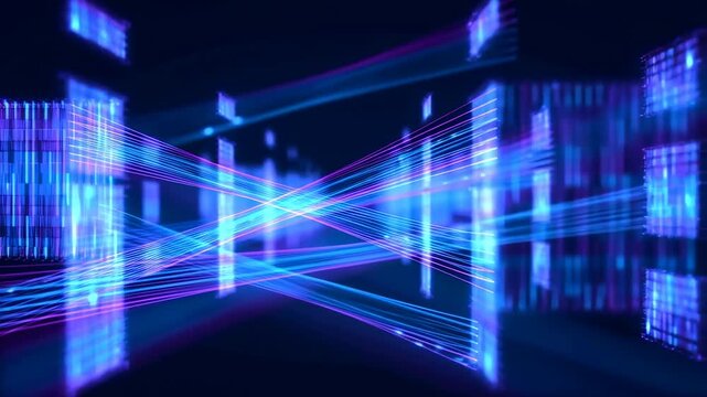 Glowing digital light network flows through a blurred blue and magenta grid in abstract virtual space. Technology presentations, cybersecurity campaigns, and software marketing.