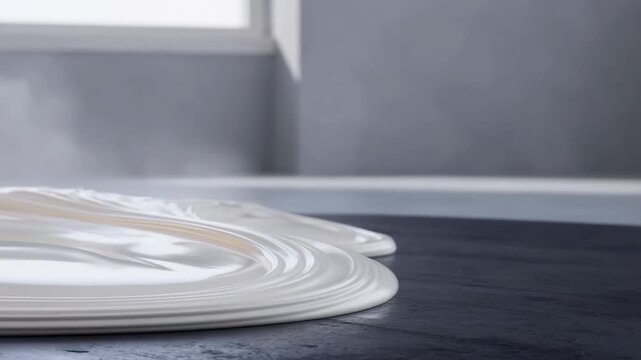 White fluid ripples spread across a dark surface in a minimal interior. Wellness media, luxury product promotion, and website hero section.