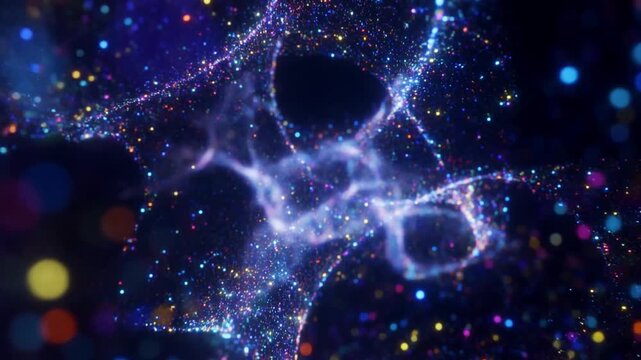 Glowing molecular structure morphs as particles flow through a dark abstract digital space. Science education, biotechnology presentations, and pharmaceutical communication.