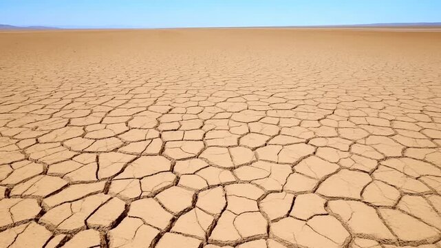 Cracked dry lakebed stretches across a barren arid landscape beneath a clear blue sky. Climate change documentaries, drought awareness campaigns, and water conservation advertising.