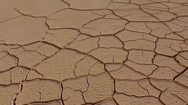 Cracked dry earth forms deep fissures across parched arid ground. Environmental documentaries, water conservation campaigns, and climate education.