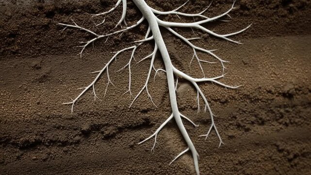 Plant roots extend and branch through layered soil in a scientific cross section. Botany education, agriculture presentations, and horticulture advertising.