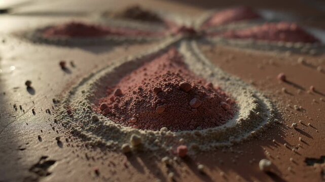 Casting warm left light, lens focusing front mound on table dusting around 4 pink piles cream-lined