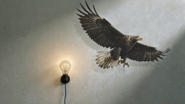 Eagle flying towards a lit incandescent bulb on a textured wall with dramatic lighting