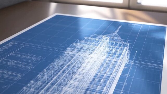 Architectural blueprint develops into a glowing wireframe building on an indoor design workspace. Architecture presentations, construction technology marketing, and engineering education.