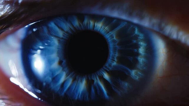 Extreme close-up of a blue human eye with a detailed iris, pupil, eyelashes, and subtle gaze movement. Eye care advertising, optometry services, and ophthalmology education.