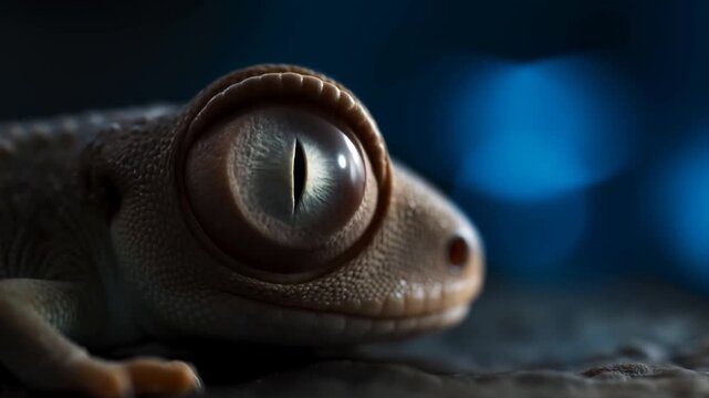 Gecko resting on a rough surface in a dim naturalistic habitat with its reflective eye in sharp focus. Wildlife documentaries, reptile education, and zoology programming.