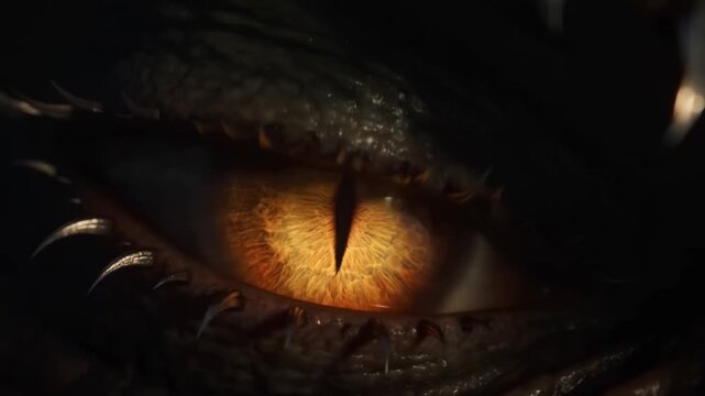 Reptilian eye narrows in a dark macro close-up, revealing an amber vertical pupil and textured scales. Fantasy film production, horror trailer, and game trailer.