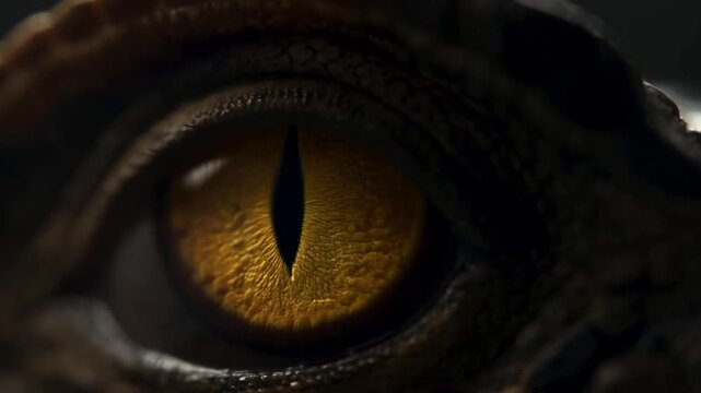 Reptile eye blinks in an extreme close-up within a dark naturalistic setting. Wildlife documentaries, animal behavior education, and zoology presentations.