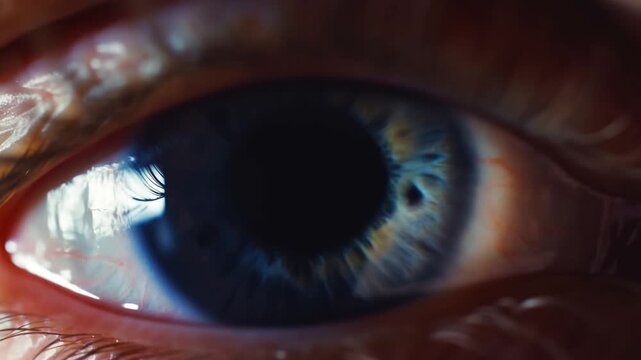 Extreme close-up of a blue human eye with subtle pupil adjustment in an indeterminate setting. Optometry advertising, ophthalmology education, and eye health campaigns.