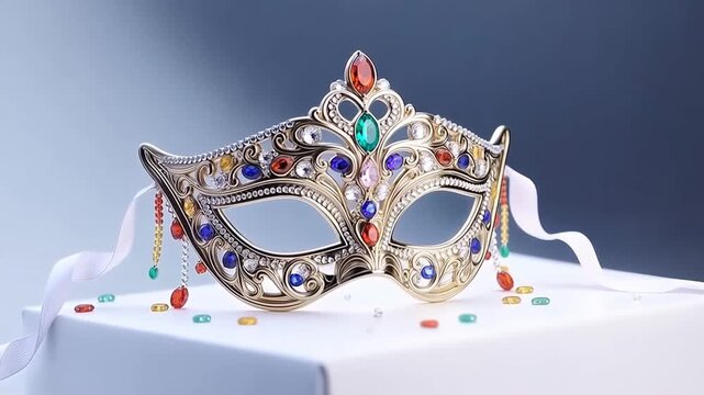 Jeweled masquerade mask resting on a white pedestal in a decorated studio still life. Costume party promotion, carnival event advertising, and celebration invitation design.