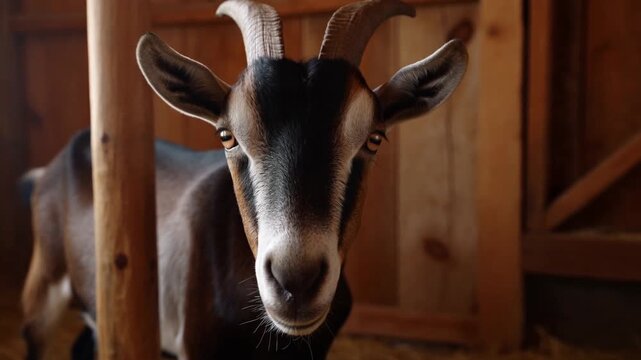 Horned goat standing inside a rustic wooden barn and facing the camera. Agriculture education, livestock farming promotion, and veterinary services.
