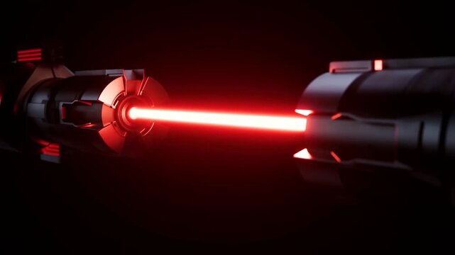 Futuristic mechanical emitters exchange a bright red energy beam in a dark technological environment. Science fiction film production, game promotion, and technology presentation.