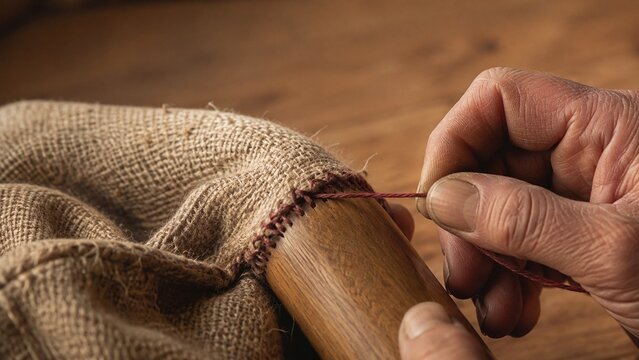 A person's hands are visible working with knitting yarn and a wooden knitting needle on a textured woven textile surface, the yarn being actively looped and pulled through the stitches