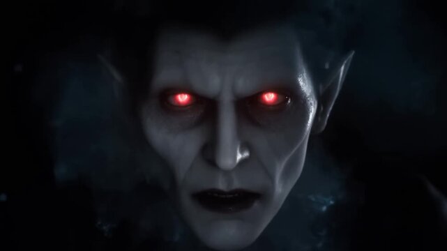 Supernatural humanoid face stares through smoke with glowing red eyes in a dark atmosphere. Horror film promotion, halloween advertising, and dark fantasy trailer.
