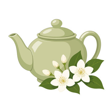 Light Green Teapot with White Jasmine Flowers and Green Leaves