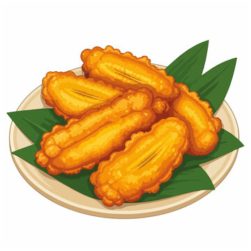 Golden Fried Banana Fritters on Plate with Green Leaves