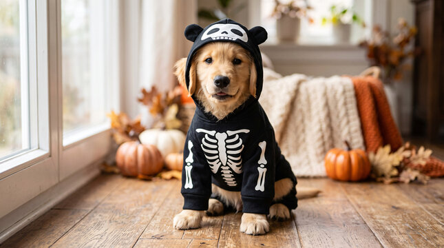 Adorable golden retriever puppy wearing a black skeleton costume sitting indoors with autumn decor
