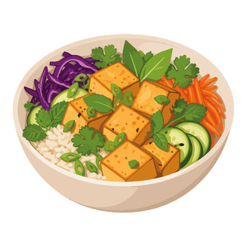 Tofu Rice Bowl with Fresh Vegetables and Herbs