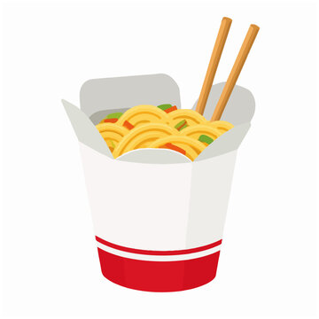 Open Takeout Noodle Box with Vegetables and Wooden Chopsticks
