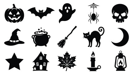 Fototapeta premium Halloween-themed black and white icons featuring Halloween Silhouette