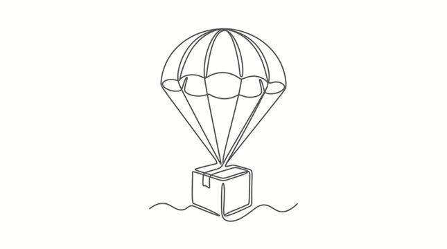 Delivery box landing with parachute continuous line drawing