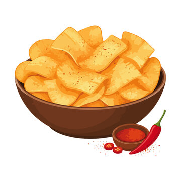 Crispy Spicy Potato Chips in Brown Bowl with Chili