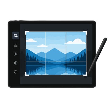 Graphic Design Tablet Editing Landscape Scene With Stylus Pen