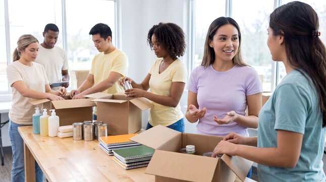Diverse group of volunteers packing donation boxes with essential items like toiletries and food in a community center.