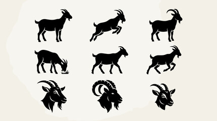 Obraz premium Goat silhouette icon set vector with standing walking and grazing poses design