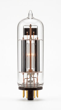 Vertical studio photograph of a retro electronic glass vacuum tube radio valve isolated against a clean white background.