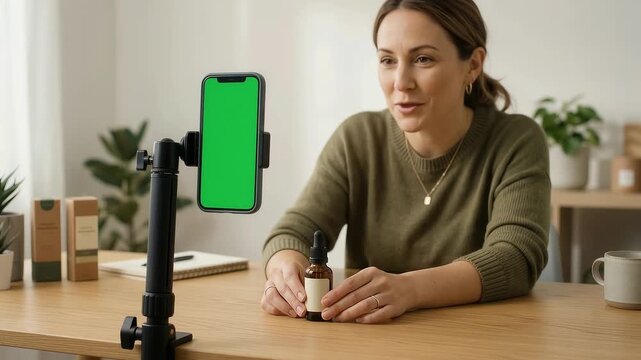 Woman Demonstrating Natural Skincare Routine in Bright Home Kitchen