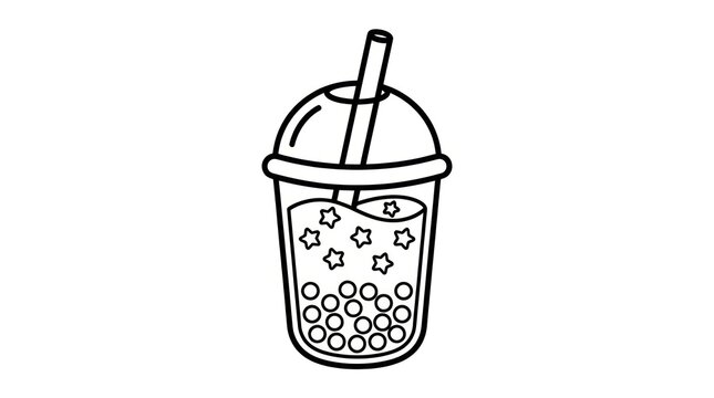 Black and White Line Art of Bubble Tea with Tapioca Pearls and Stars