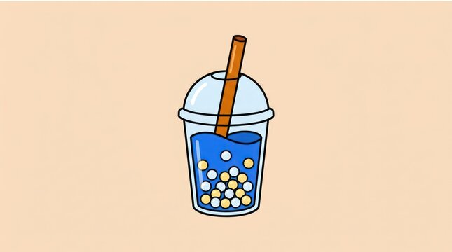 Blue bubble tea with tapioca pearls and straw in a clear plastic cup, cartoon style, isolated on beige background