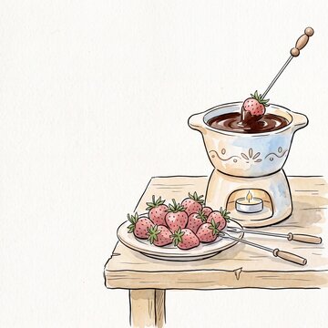 ceramic fondue pot with metal skewers and fresh strawberries dipped in melted dark chocolate scene