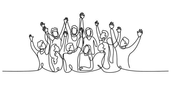 A group of happy people cheering and raising hands together in a simple black and white line art drawing style illustration isolated on transparent background, Vector