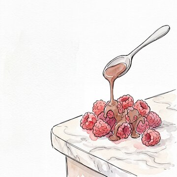 silver spoon drizzling melted chocolate over fresh raspberries on a marble countertop scene
