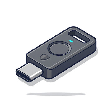 Flat design vector style USB type-C hardware crypto wallet with security shield icon.