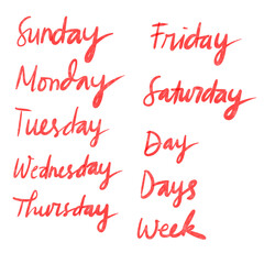 Brush script days of the week typography collection in red © Dewi