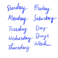 Brush script days of the week typography collection in blue © Dewi