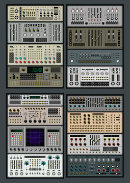 1980s Synthesizer Audio Systems Cabinet Modules Set, Vintage Sound Technologies, Classic Analogue Input, Output, Knobs and Buttons