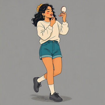 Young woman with dark curly hair applying lipstick while looking into a small mirror in a vintage comic illustration style makeup mirror beauty routine cosmetics